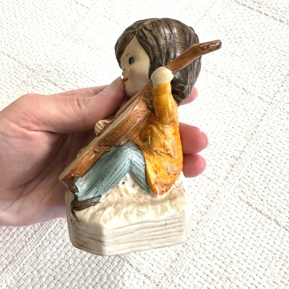 VTG 70s Moppets Fran Mar Ceramic Figurine Girl Playing Guitar Kitsch Retro Decor